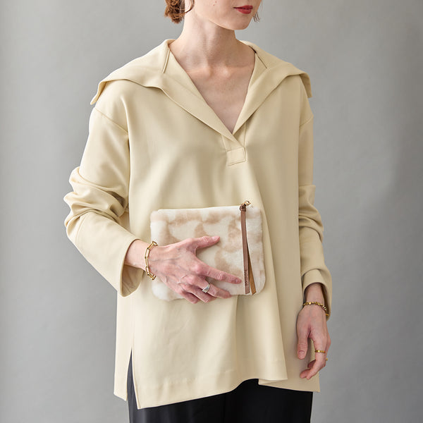 ◆CORRECT限定◆HASHIBAMI【Ha-2506-801 柄ムートン ポーチ】グレーベージュ