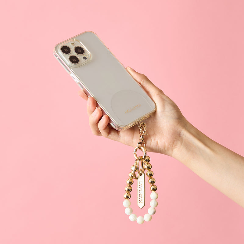 HASHIBAMI【Ha-2410-340 オルビット シェル(貝)×ゴールドビーズ スマホハンドストラップ】ホワイトシェル