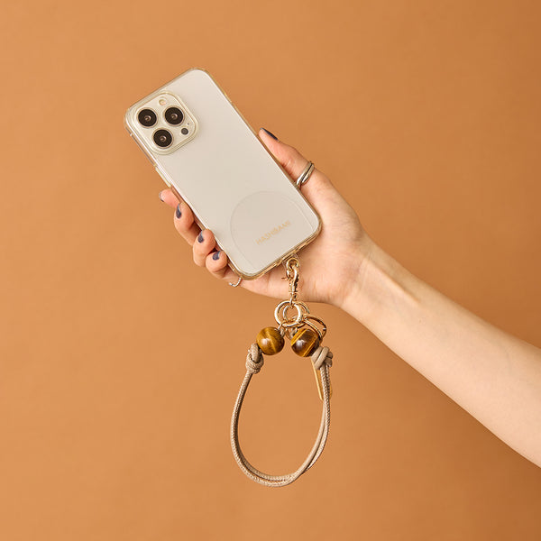《予約販売》HASHIBAMI【Ha-2502-401 大玉天然石×レザー スマホハンドストラップ】グレーベージュ