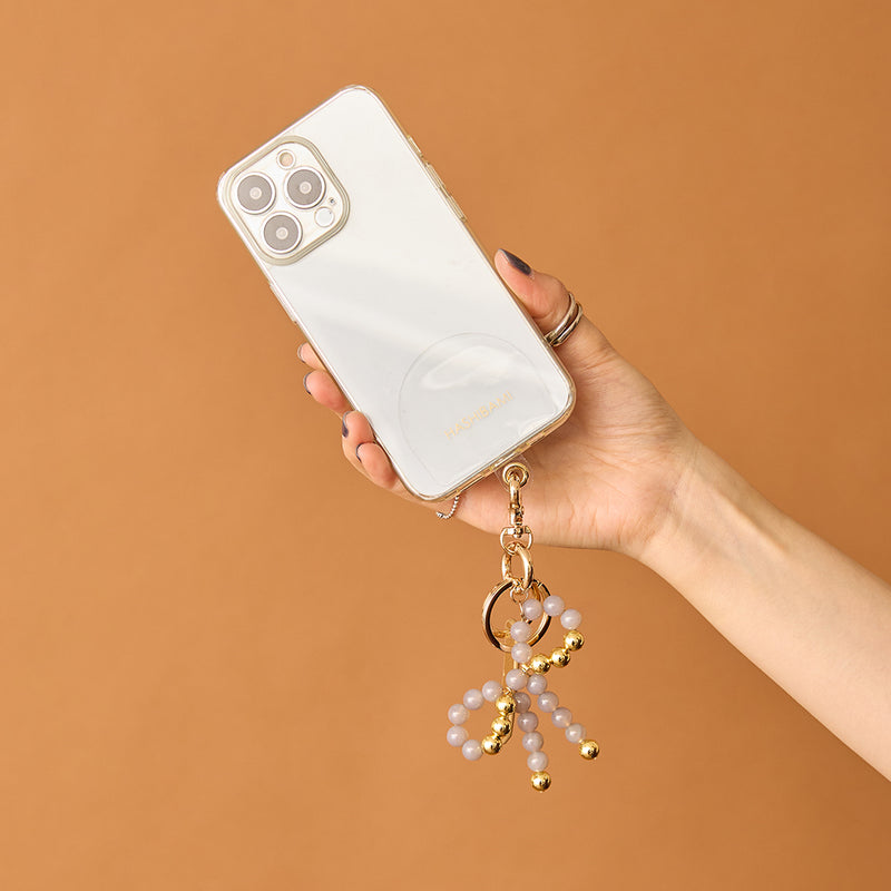 《予約販売》HASHIBAMI【Ha-2502-400 リボン天然石 スマホハンドストラップ】グレーオニキス