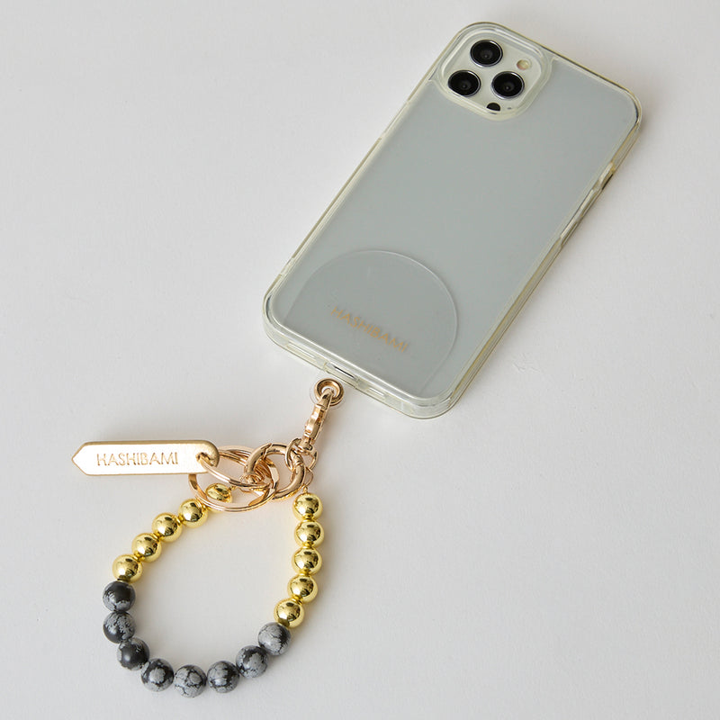 HASHIBAMI【Ha-2500-300 天然石×ゴールドビーズ スマホハンドストラップ】スノーフレークオブシディアン