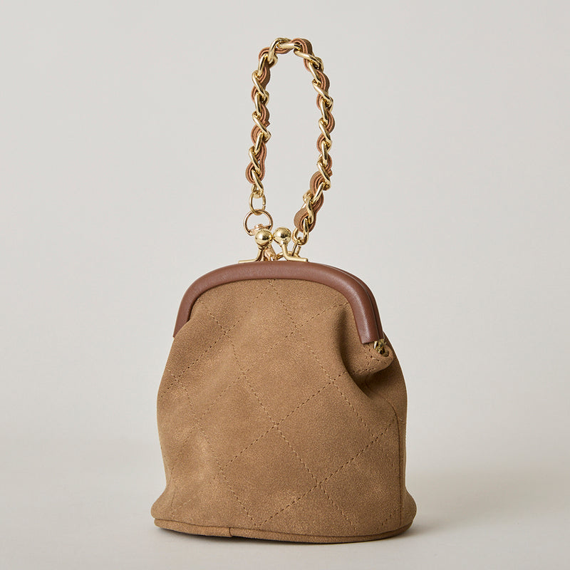 ◆CORRECT限定◆HASHIBAMI【Ha-2502-300 スエードキルティング 口金丸底ポーチ】チャイ