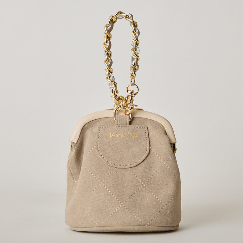 ◆CORRECT限定◆HASHIBAMI【Ha-2502-300 スエードキルティング 口金丸底ポーチ】エクリュ