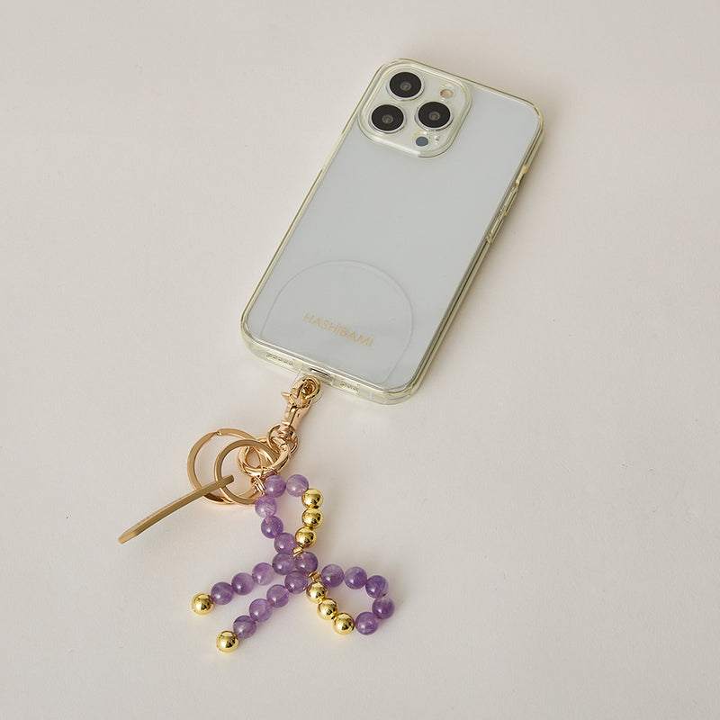 《予約販売》HASHIBAMI【Ha-2502-400 リボン天然石 スマホハンドストラップ】アメジスト
