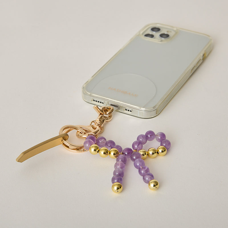 《予約販売》HASHIBAMI【Ha-2502-400 リボン天然石 スマホハンドストラップ】アメジスト