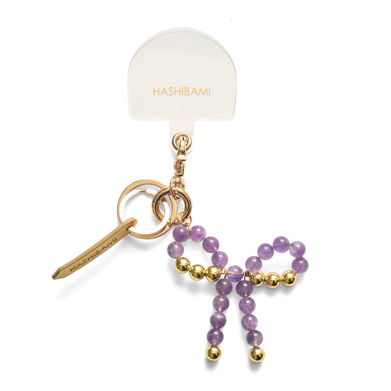 《予約販売》HASHIBAMI【Ha-2502-400 リボン天然石 スマホハンドストラップ】アメジスト