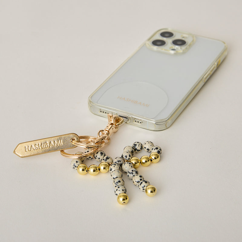 《予約販売》HASHIBAMI【Ha-2502-400 リボン天然石 スマホハンドストラップ】ダルメシアンジャスパー