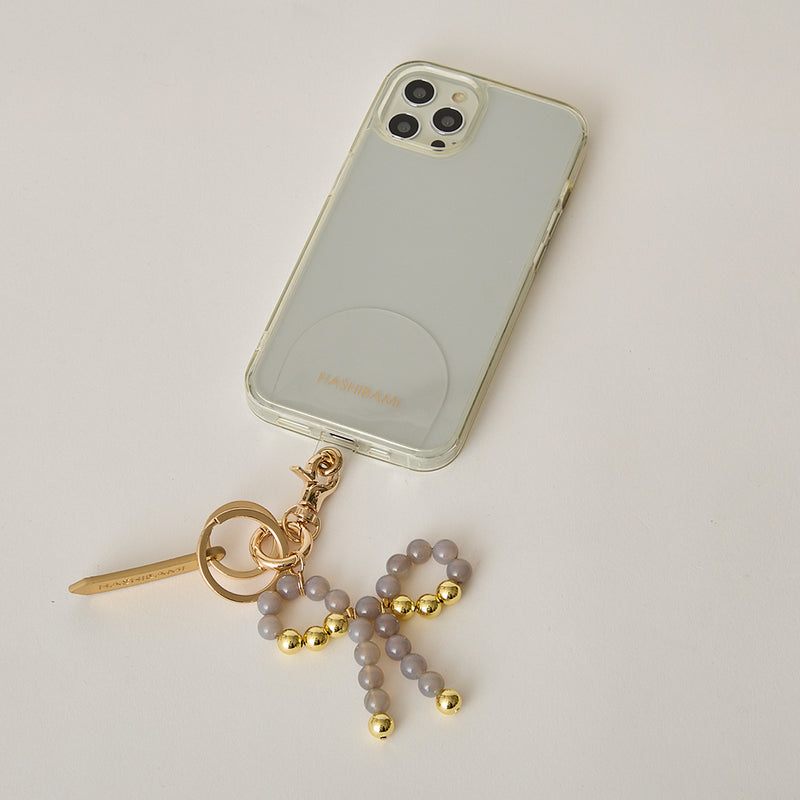 《予約販売》HASHIBAMI【Ha-2502-400 リボン天然石 スマホハンドストラップ】グレーオニキス
