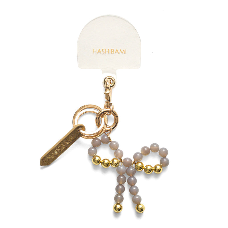 《予約販売》HASHIBAMI【Ha-2502-400 リボン天然石 スマホハンドストラップ】グレーオニキス