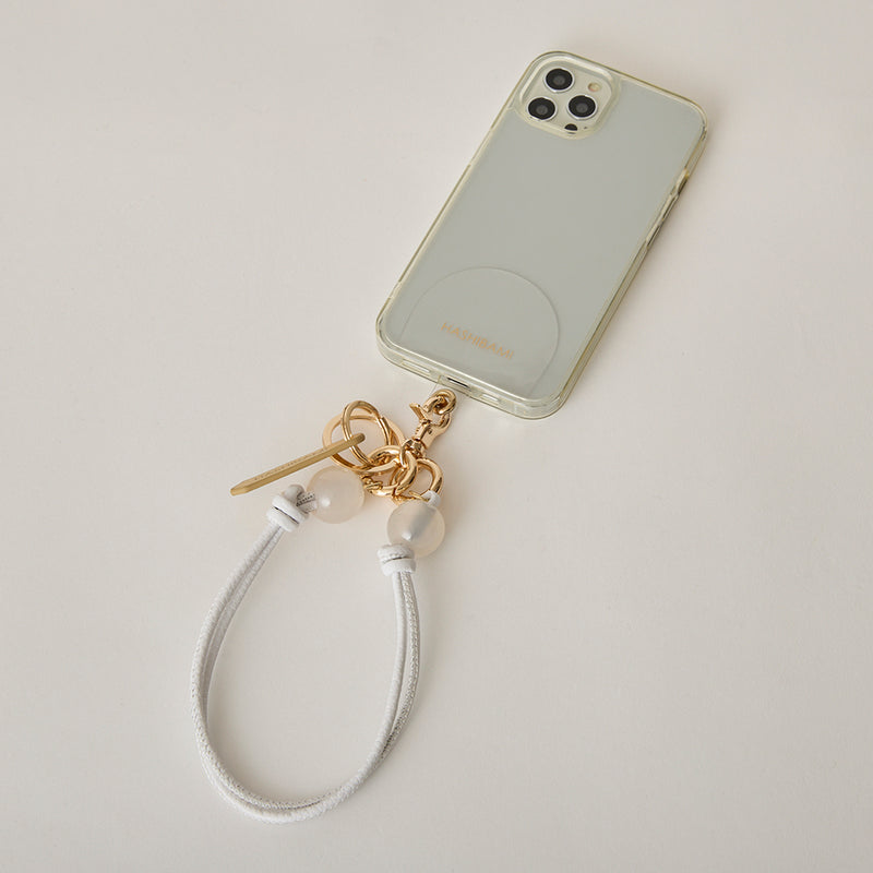 《予約販売》HASHIBAMI【Ha-2502-401 大玉天然石×レザー スマホハンドストラップ】ホワイト