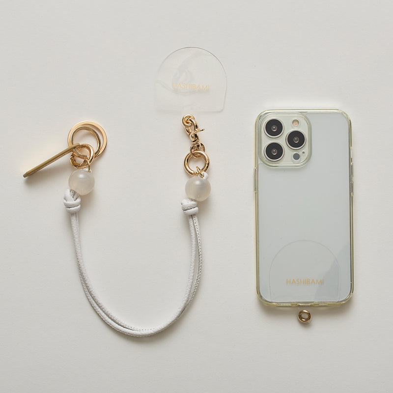 《予約販売》HASHIBAMI【Ha-2502-401 大玉天然石×レザー スマホハンドストラップ】ホワイト