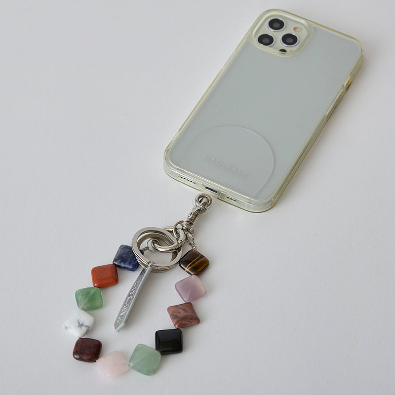 《予約商品》HASHIBAMI【Ha-2506-002 マルチ スクエア天然石 スマホハンドストラップ】シルバー