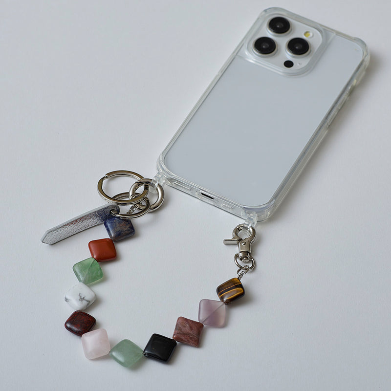 《予約商品》HASHIBAMI【Ha-2506-002 マルチ スクエア天然石 スマホハンドストラップ】シルバー