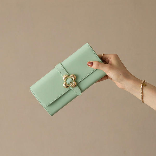 《予約商品》HASHIBAMI【Ha-2509-605 フラワーバックル ロングウォレット】オパールグリーン