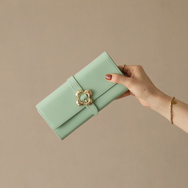 《予約商品》HASHIBAMI【Ha-2509-605 フラワーバックル ロングウォレット】オパールグリーン